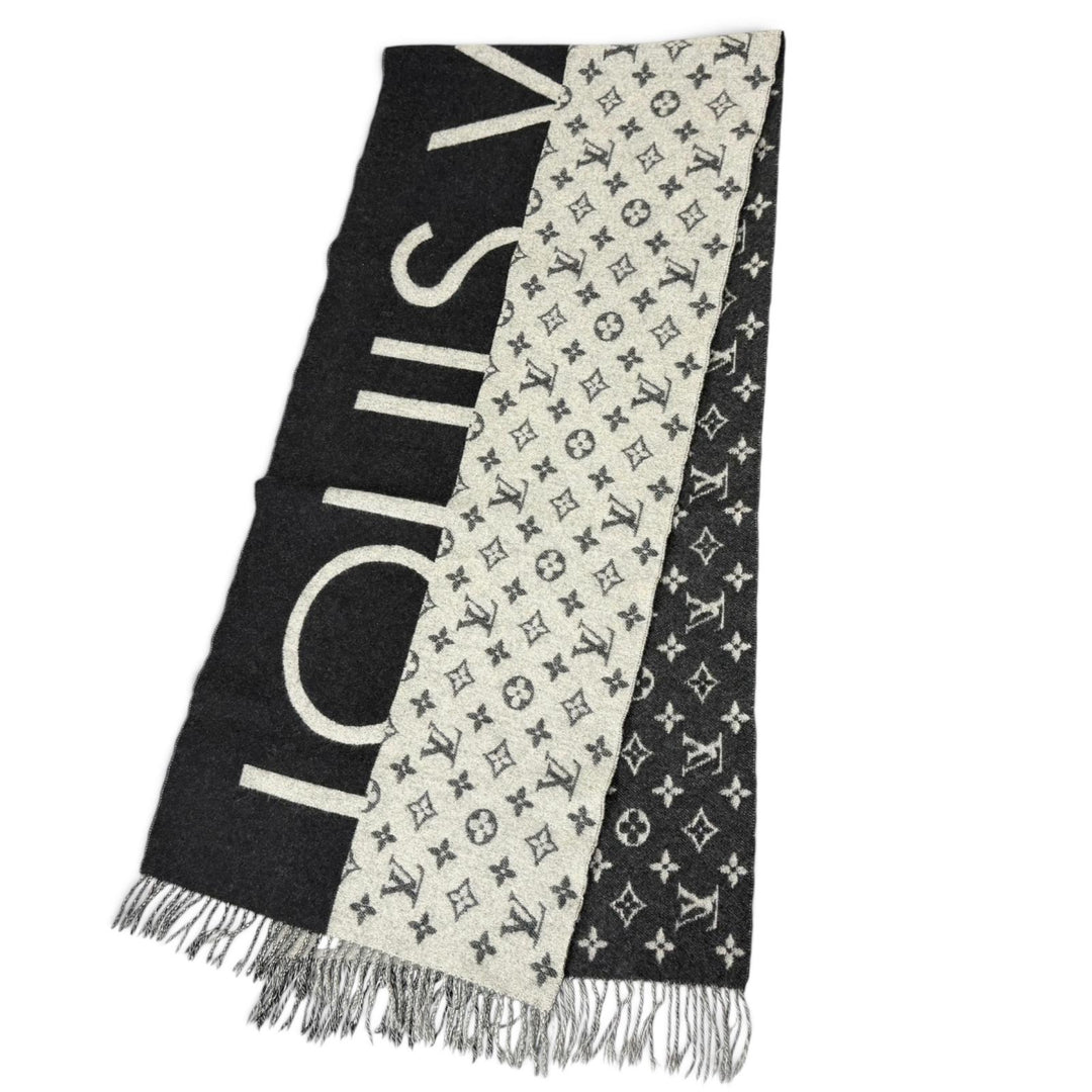 Great LOUIS VUITTON Scarf Esharp / LV Split Monogram fringe shawl black