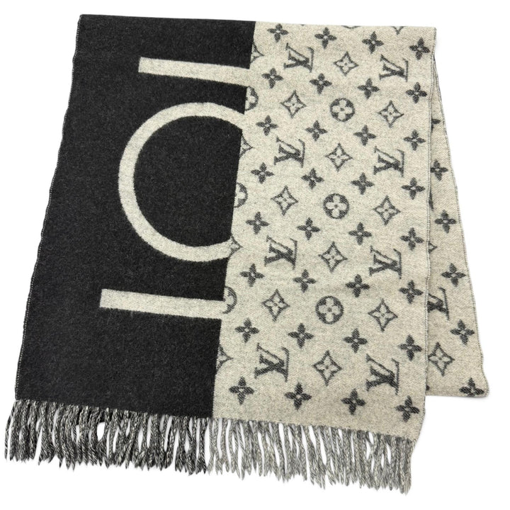 Great LOUIS VUITTON Scarf Esharp / LV Split Monogram fringe shawl black