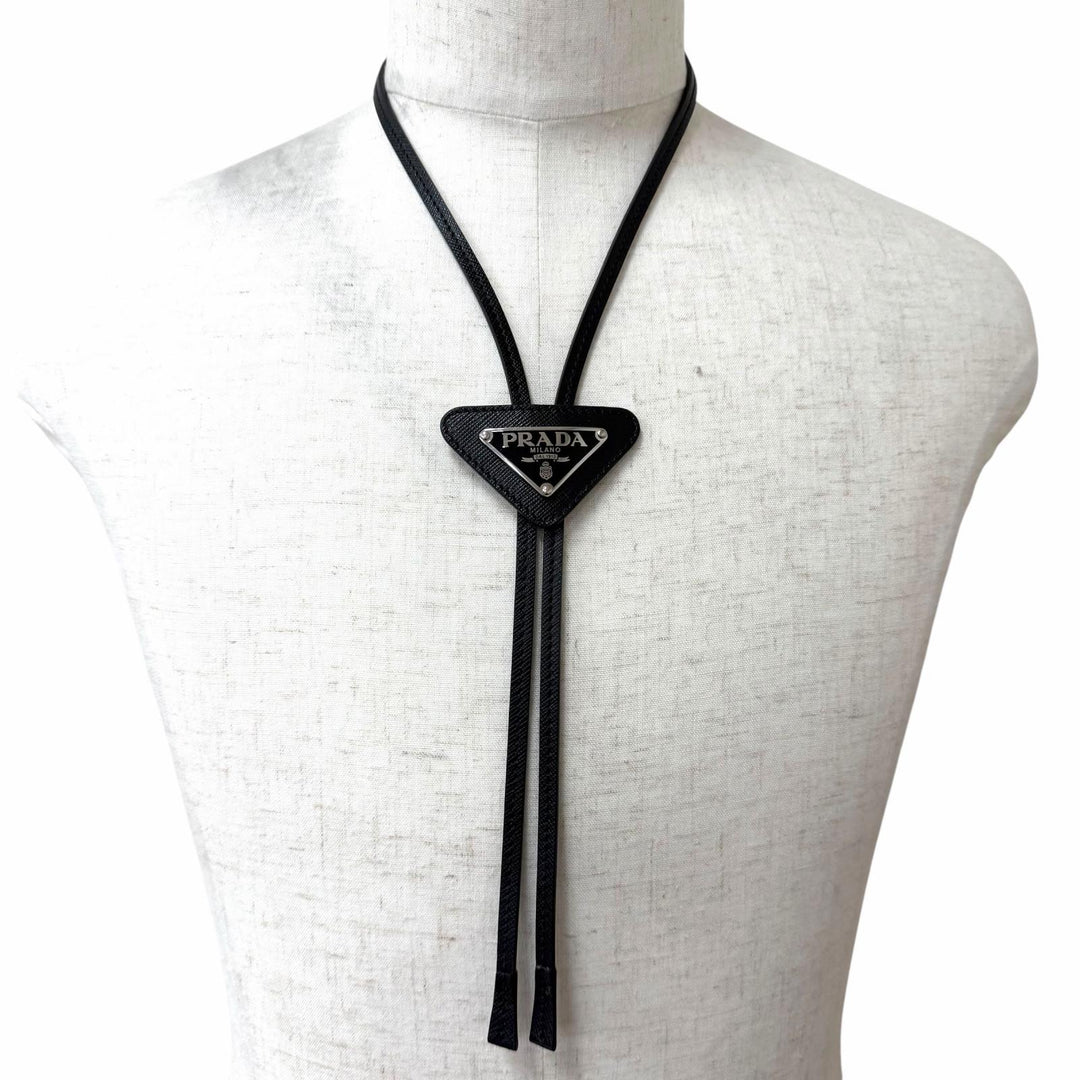 Excellent PRADA Necklace Triangle Logo Maltic Loop Tie black Safiano leather