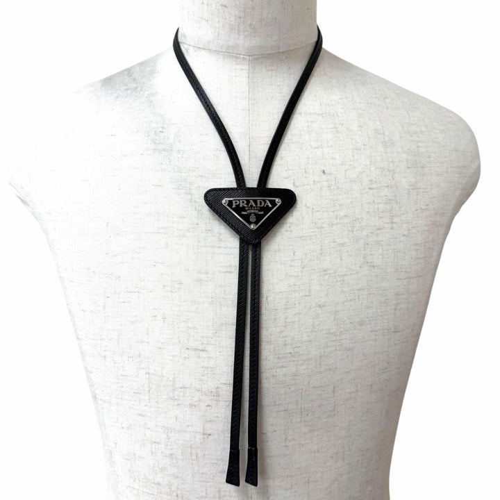 Excellent PRADA Necklace Triangle Logo Maltic Loop Tie black Safiano leather