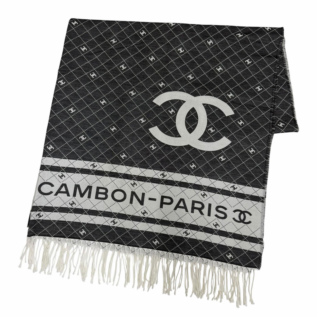 Pristine CHANEL shawl 31 RUE CAMBON COCO Mark Large Stole with Fringe gray