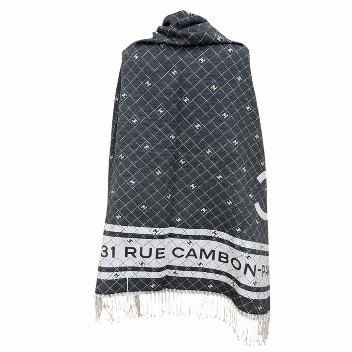 Pristine CHANEL shawl 31 RUE CAMBON COCO Mark Large Stole with Fringe gray
