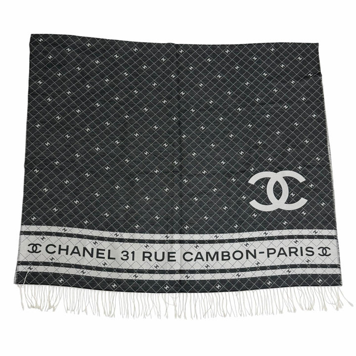 Pristine CHANEL shawl 31 RUE CAMBON COCO Mark Large Stole with Fringe gray