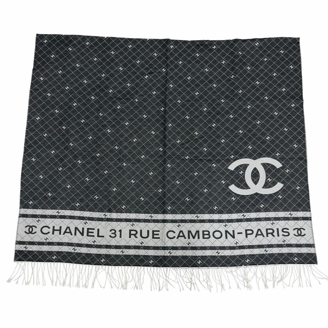 Pristine CHANEL shawl 31 RUE CAMBON COCO Mark Large Stole with Fringe gray