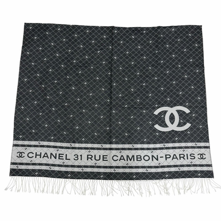 Pristine CHANEL shawl 31 RUE CAMBON COCO Mark Large Stole with Fringe gray