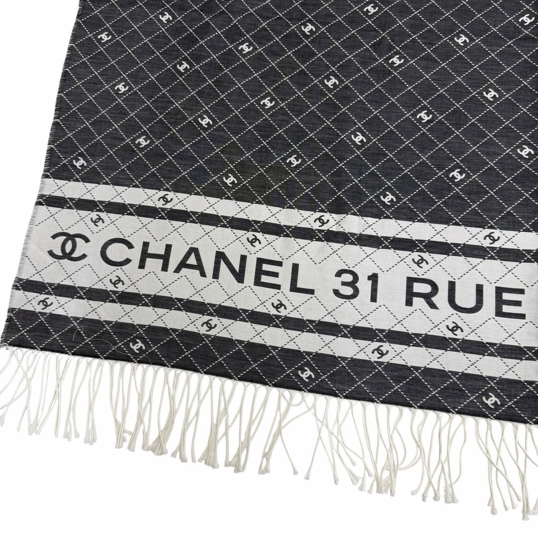Pristine CHANEL shawl 31 RUE CAMBON COCO Mark Large Stole with Fringe gray