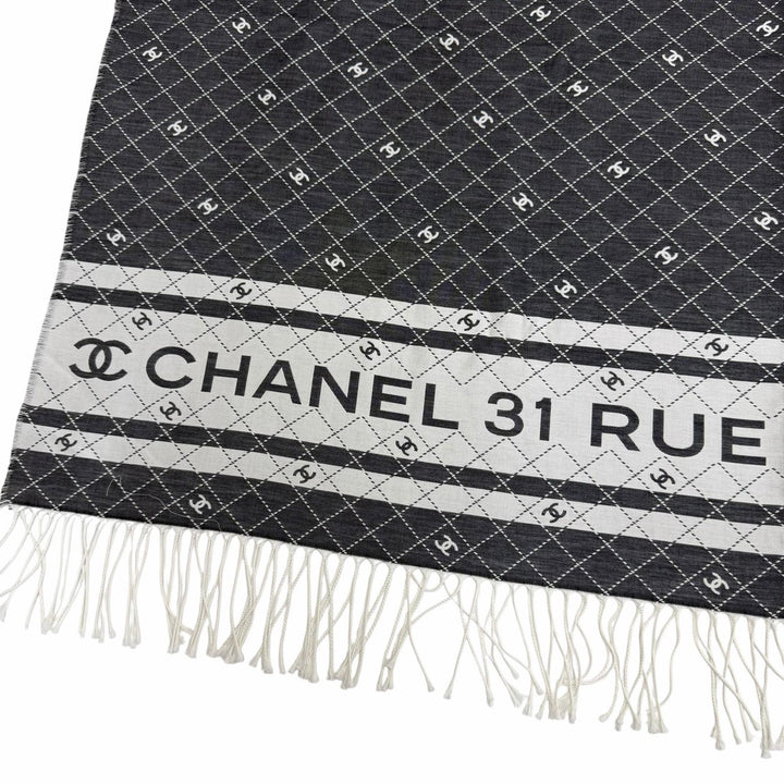 Pristine CHANEL shawl 31 RUE CAMBON COCO Mark Large Stole with Fringe gray