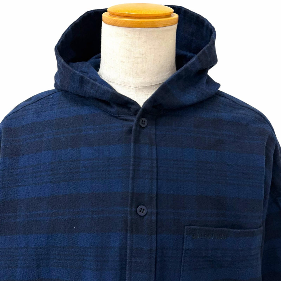 Great BALENCIAGA Long sleeve shirt UNISEX Check Pattern Hooded Jacket Navy