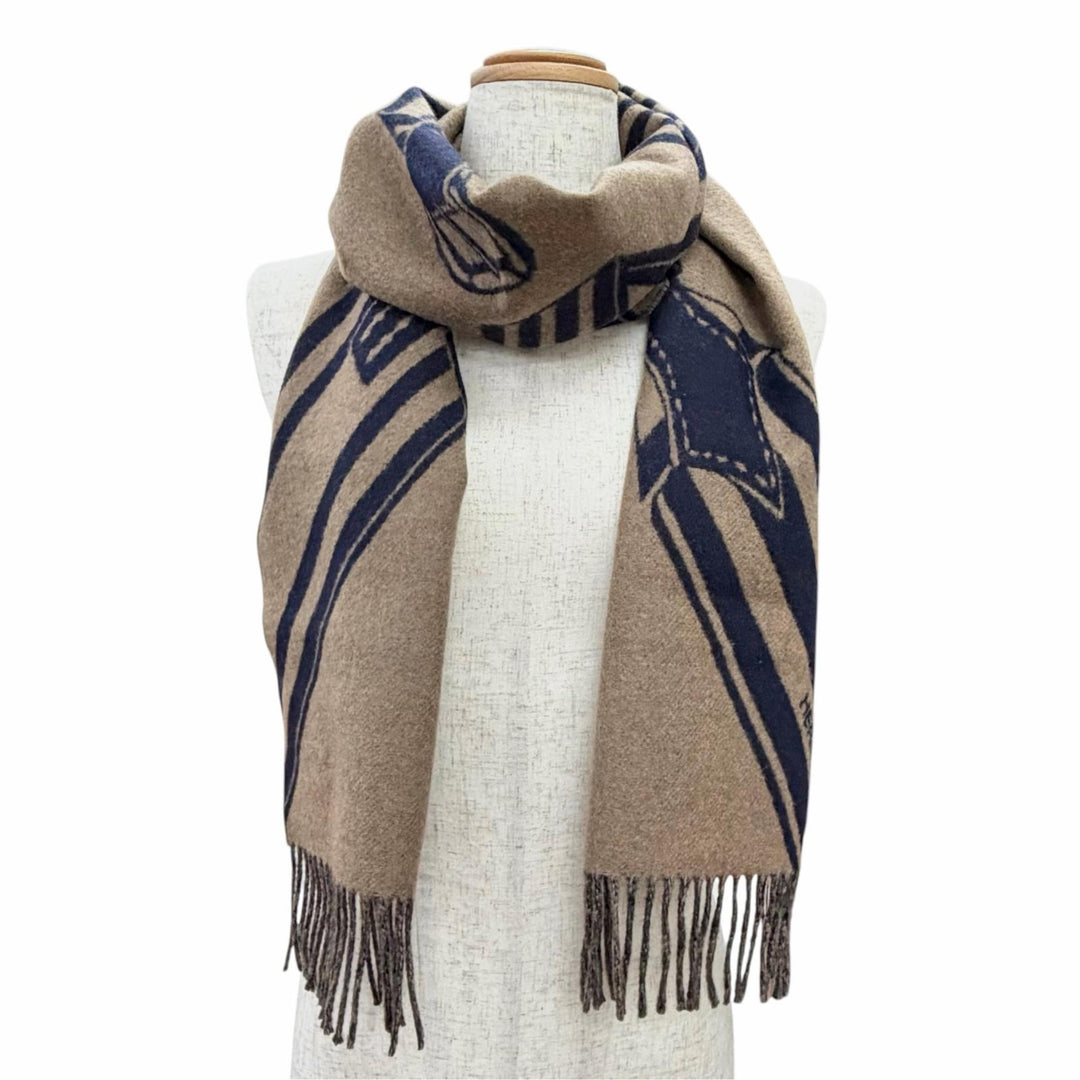 Great HERMES Scarf Sangles en Zigzag fringe Brown cashmere Women