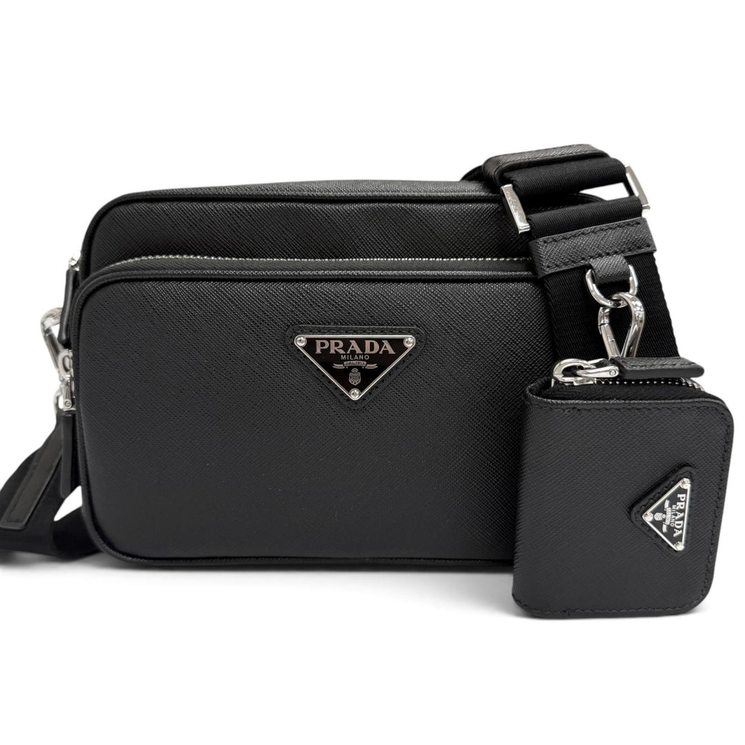 Excellent PRADA Shoulder Bag Triangle logo black Safiano leather mens 2VH170