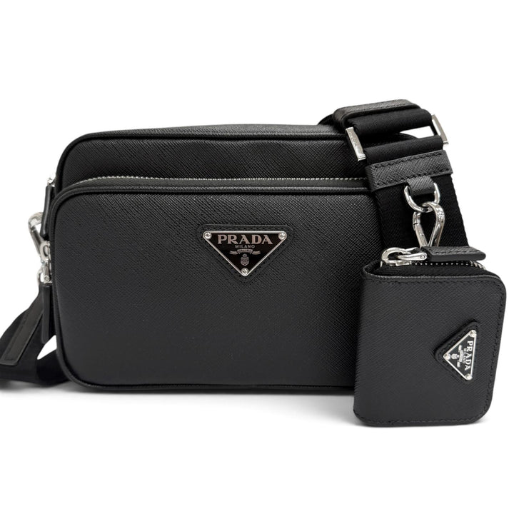 Excellent PRADA Shoulder Bag Triangle logo black Safiano leather mens 2VH170