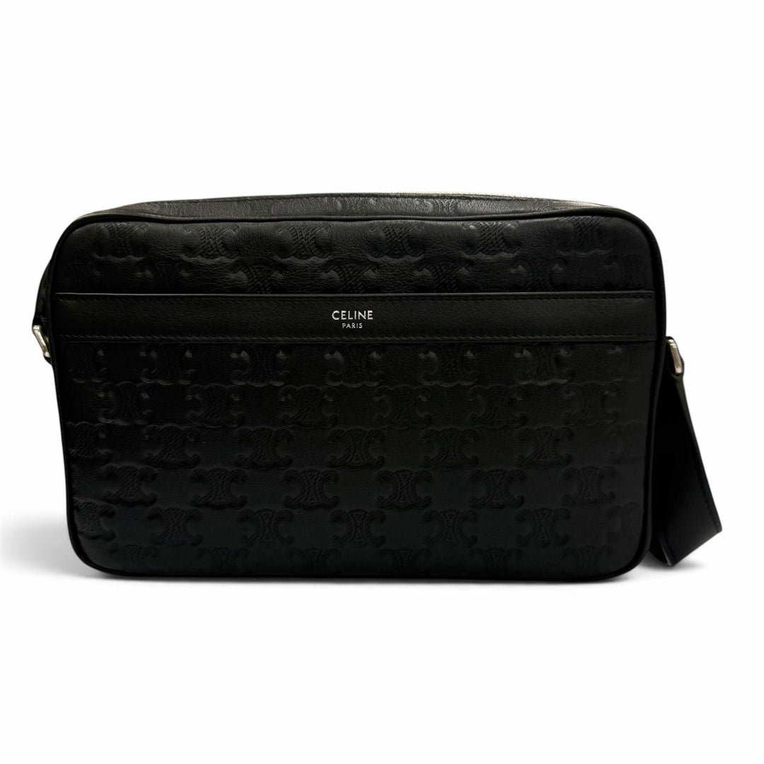 Excellent CELINE Shoulder Bag Triomphe Medium Messenger black leather mens 11700