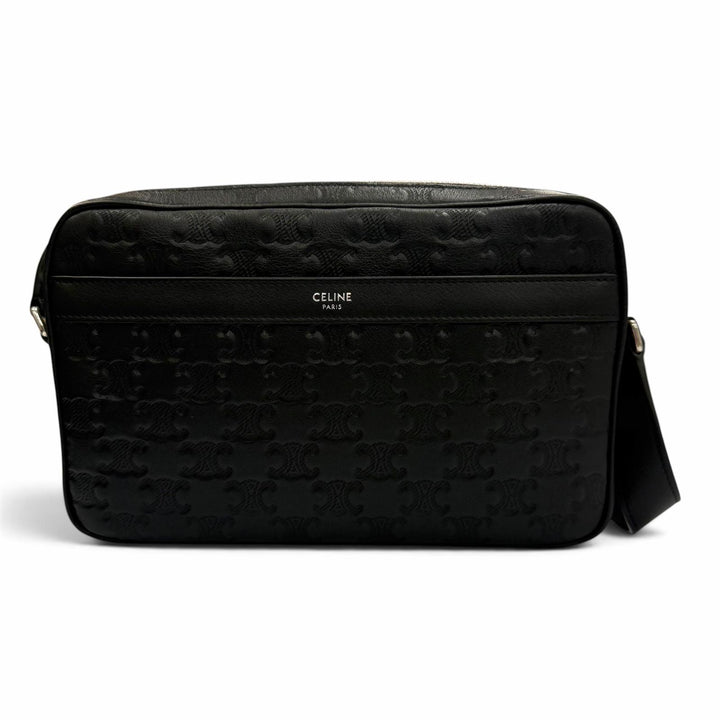 Excellent CELINE Shoulder Bag Triomphe Medium Messenger black leather mens 11700