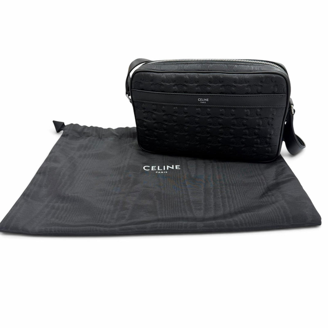 Excellent CELINE Shoulder Bag Triomphe Medium Messenger black leather mens 11700
