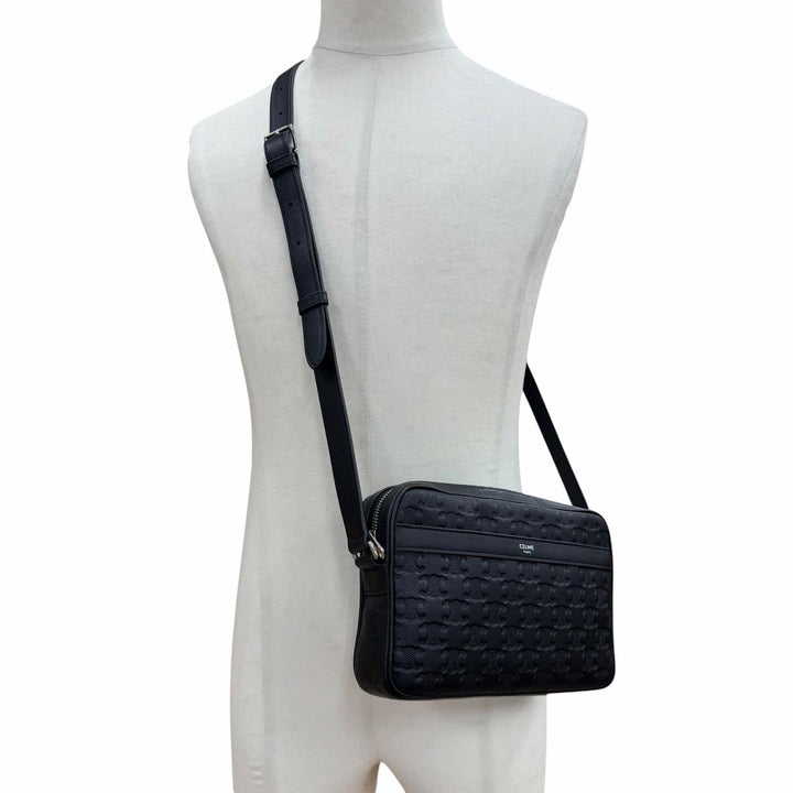 Excellent CELINE Shoulder Bag Triomphe Medium Messenger black leather mens 11700