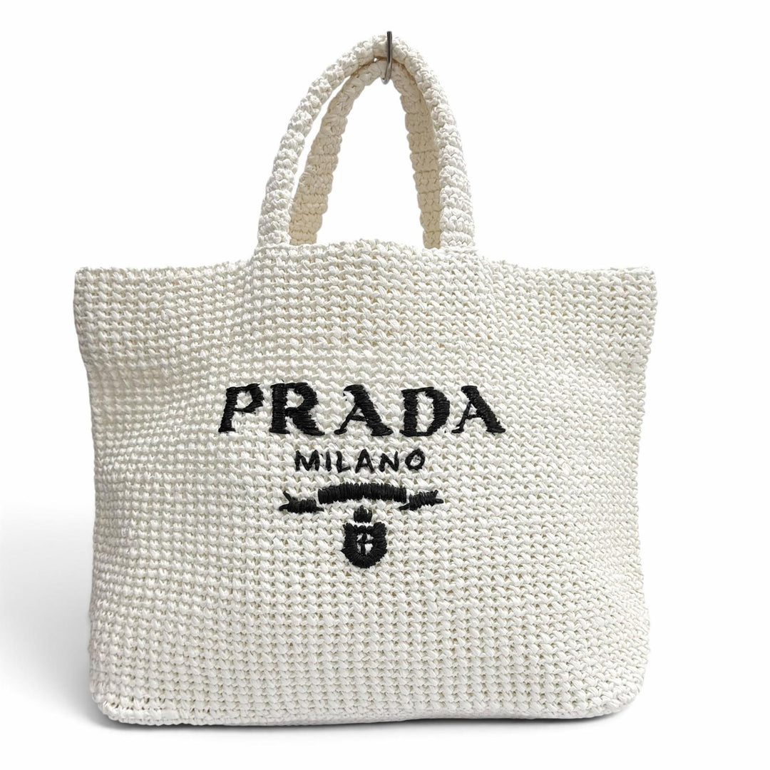 Pristine PRADA Tote Bag Crochet Tote Bag white Rayon Women 1BG392