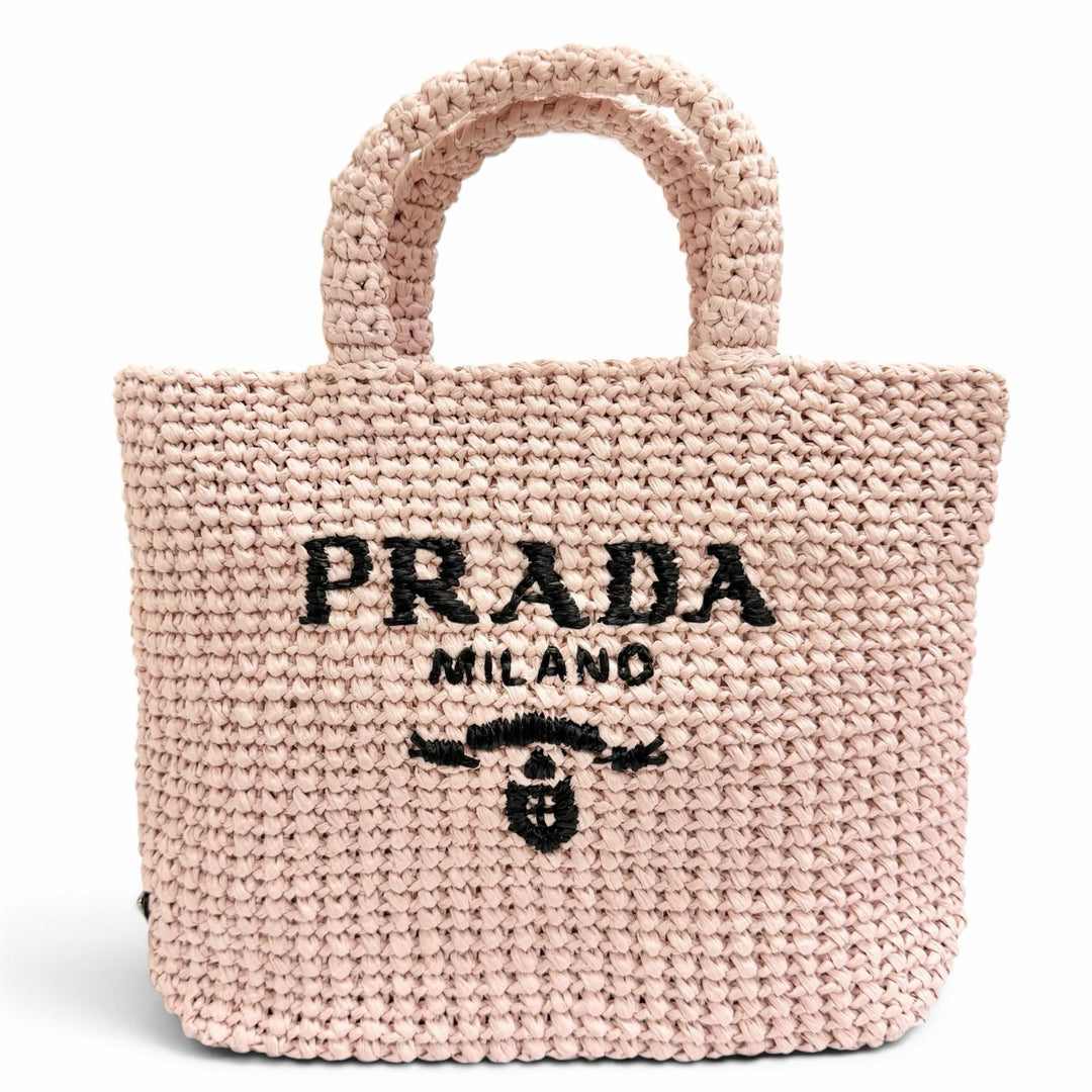 Excellent PRADA Handbag small crochet triangle logo tote bag pink Raffia 1BG422