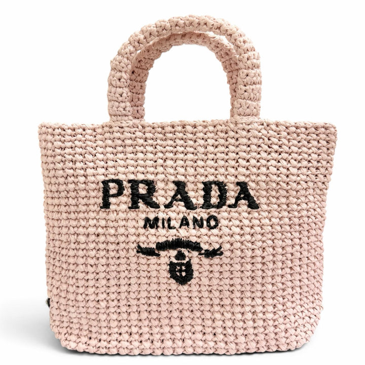 Excellent PRADA Handbag small crochet triangle logo tote bag pink Raffia 1BG422