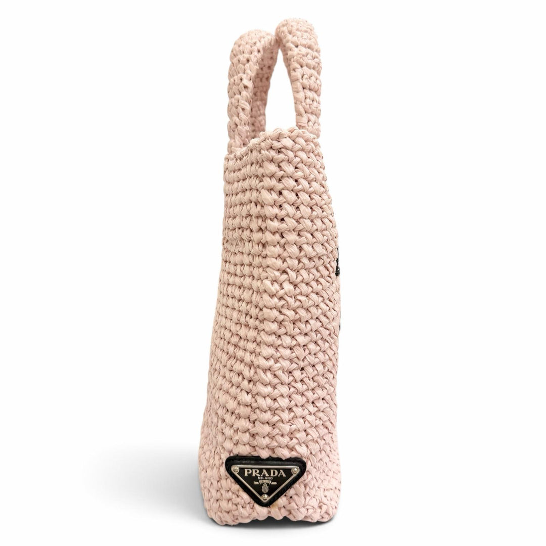 Excellent PRADA Handbag small crochet triangle logo tote bag pink Raffia 1BG422