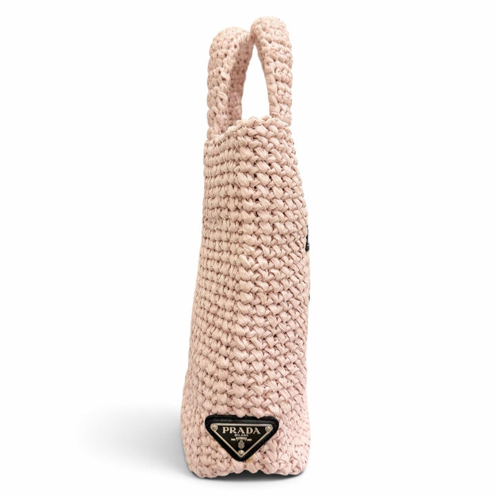 Excellent PRADA Handbag small crochet triangle logo tote bag pink Raffia 1BG422