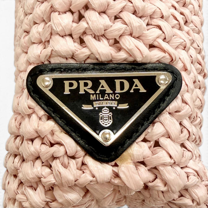 Excellent PRADA Handbag small crochet triangle logo tote bag pink Raffia 1BG422