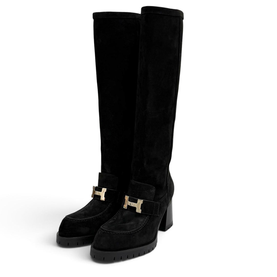 Excellent HERMES Knee-high boots folly 60 HMetal suede leather black 35