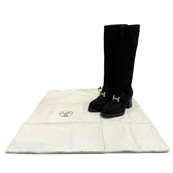 Excellent HERMES Knee-high boots folly 60 HMetal suede leather black 35