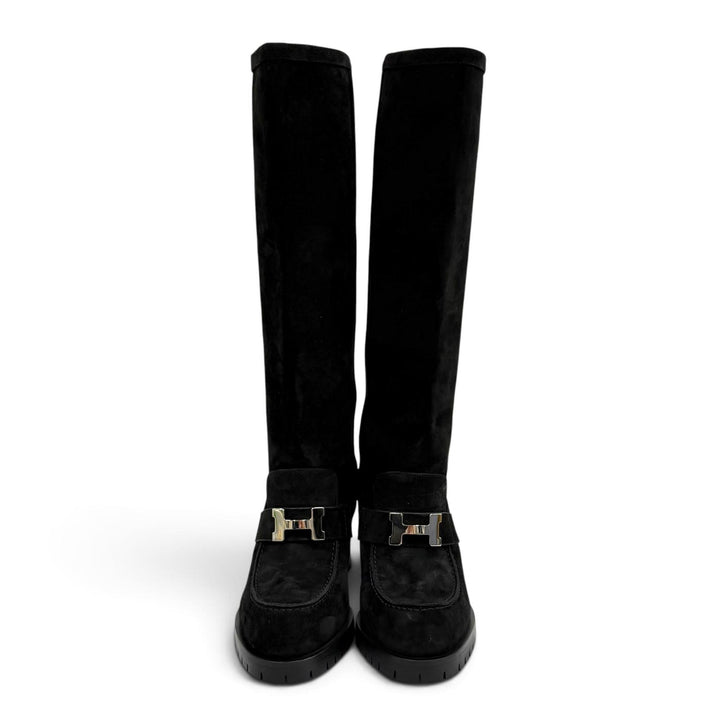 Excellent HERMES Knee-high boots folly 60 HMetal suede leather black 35