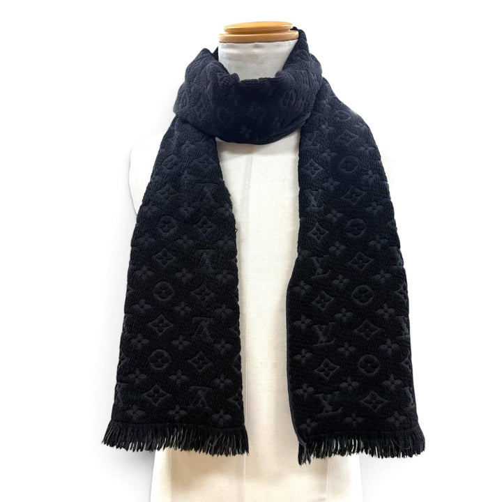 Great LOUIS VUITTON Scarf Monogram Classic with Fringe black wool mens M70520