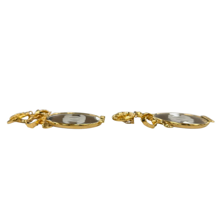 Great CHANEL Earring Rare COCO Mark Ribbon Mirror gold metal Women
