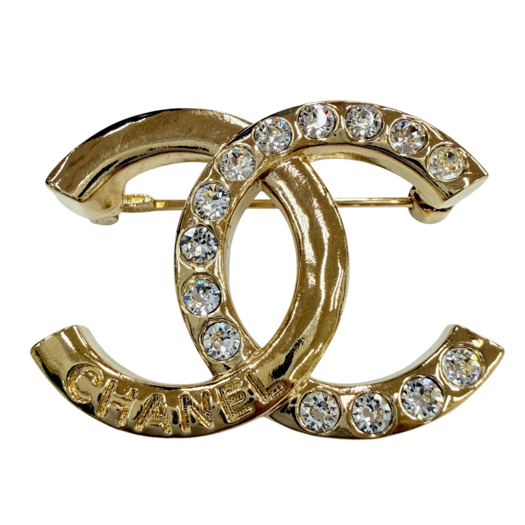 Excellent CHANEL Brooch COCO Mark Rhinestone Accessories gold metal Women A24P