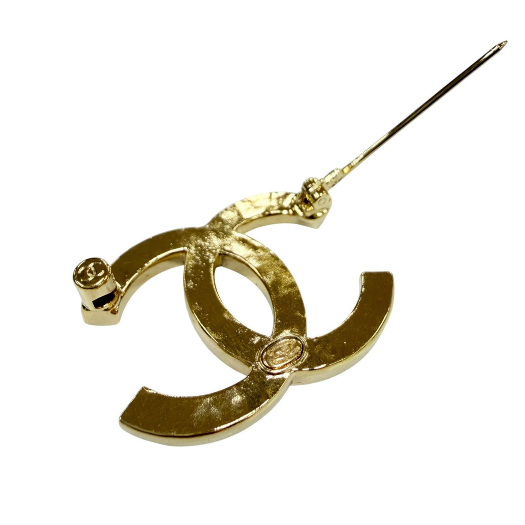Excellent CHANEL Brooch COCO Mark Rhinestone Accessories gold metal Women A24P