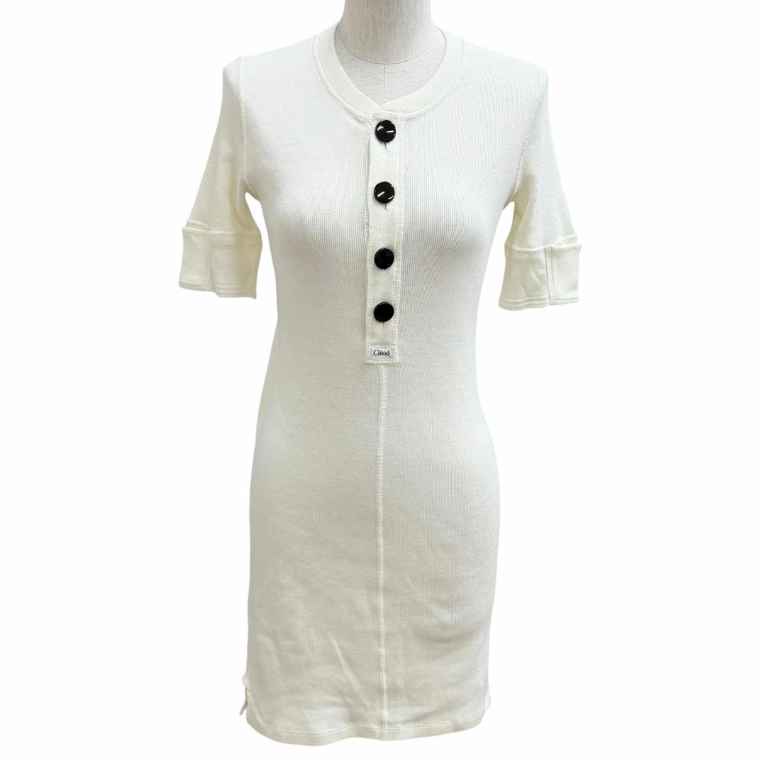 Excellent Chloe Cotton jersey fitted Henley mini dress S CH26UJR14089107S