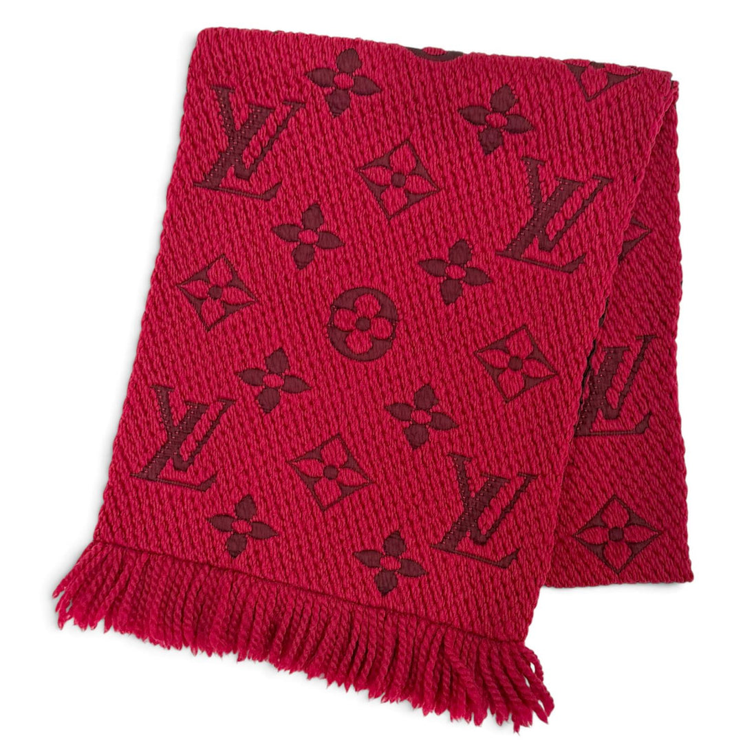 Great LOUIS VUITTON Scarf Escalp Logo Mania Monogram fringe Red wool 413287