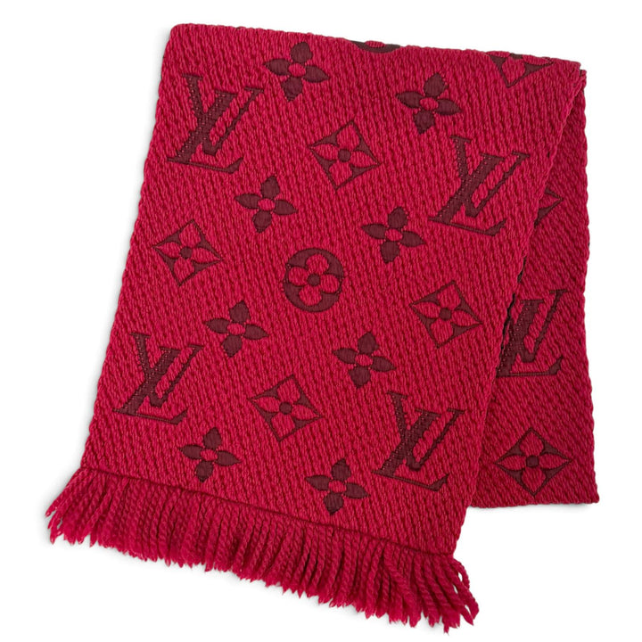 Great LOUIS VUITTON Scarf Escalp Logo Mania Monogram fringe Red wool 413287