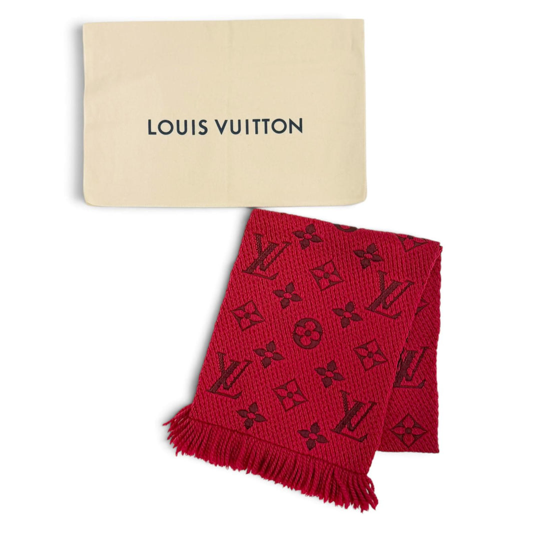 Great LOUIS VUITTON Scarf Escalp Logo Mania Monogram fringe Red wool 413287