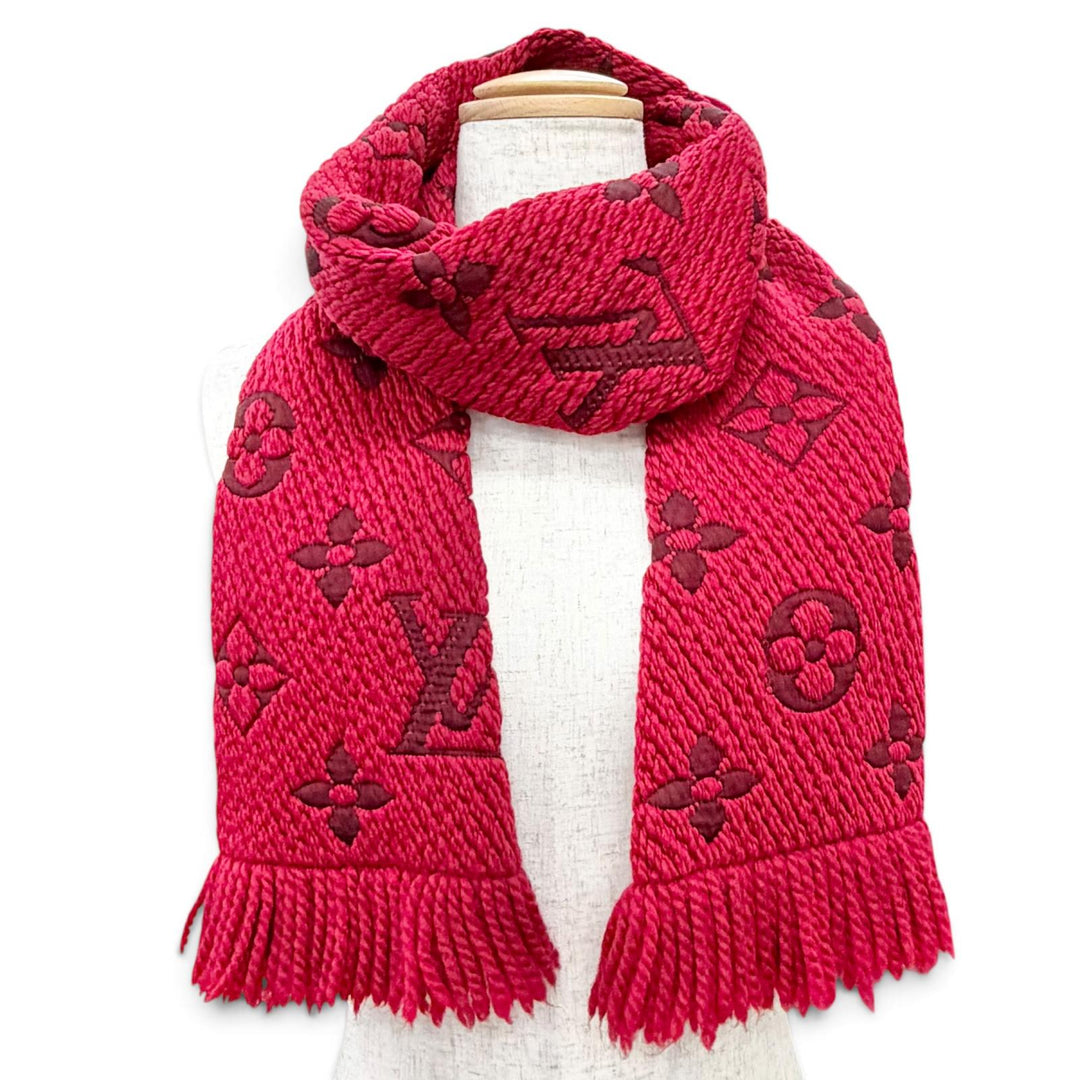 Great LOUIS VUITTON Scarf Escalp Logo Mania Monogram fringe Red wool 413287
