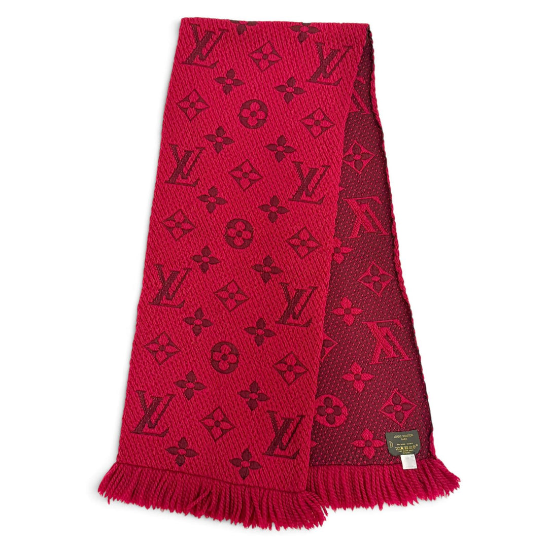 Great LOUIS VUITTON Scarf Escalp Logo Mania Monogram fringe Red wool 413287