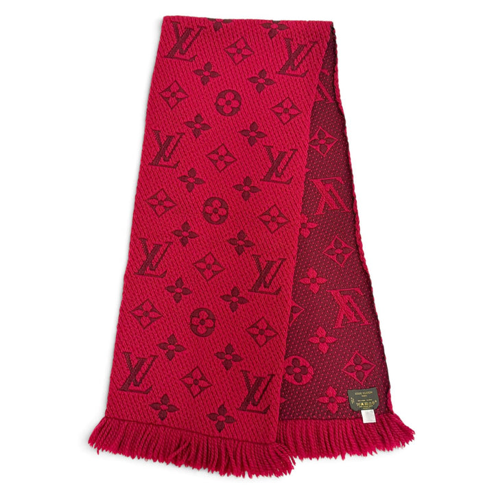 Great LOUIS VUITTON Scarf Escalp Logo Mania Monogram fringe Red wool 413287