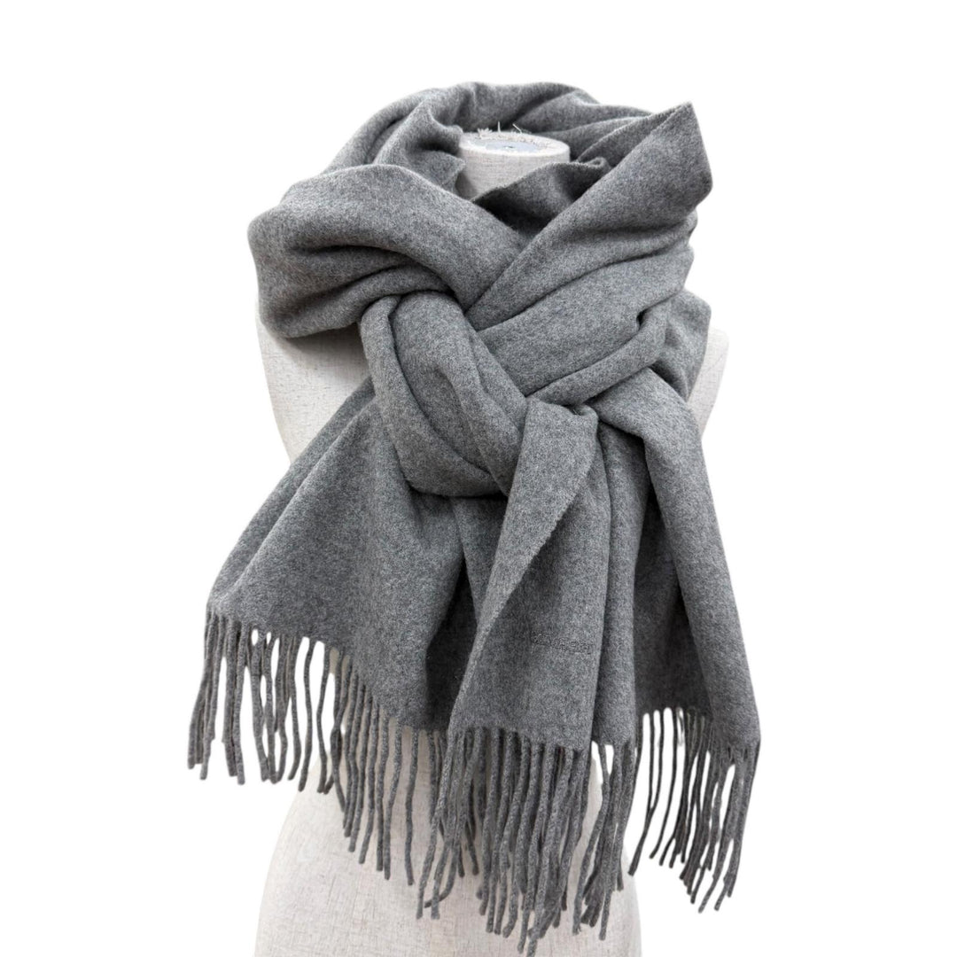 Great HERMES Scarf Large shawl with logo embroidery and fringe gray cashmere