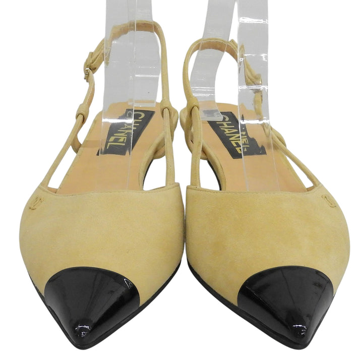 Excellent CHANEL pumps COCO Mark Slingback Low Heel beige Suede leather Women