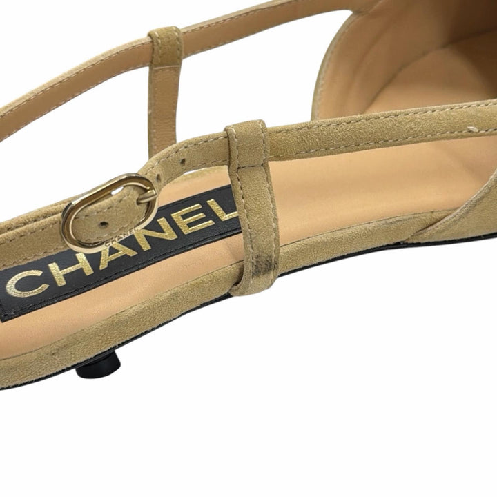 Excellent CHANEL pumps COCO Mark Slingback Low Heel beige Suede leather Women