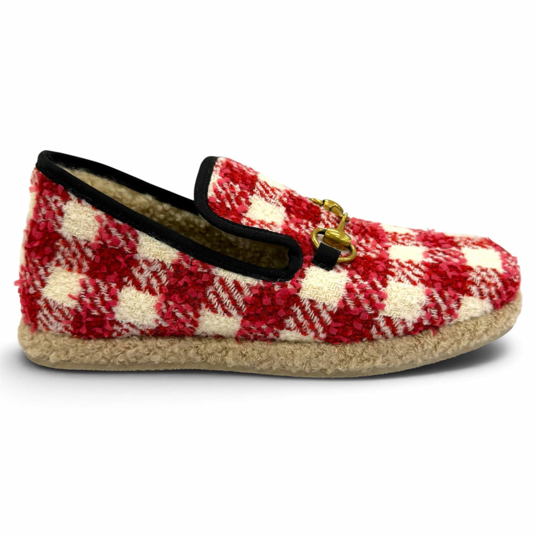 Excellent GUCCI Slip-on Horsebit Metal Mouton Tweed Red Women 37.5
