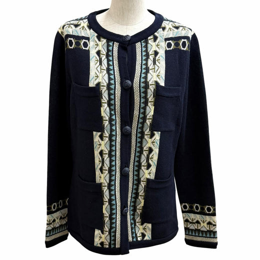 Pristine ETRO cardigan Logo Button Crew Neck Navy silk Women 44