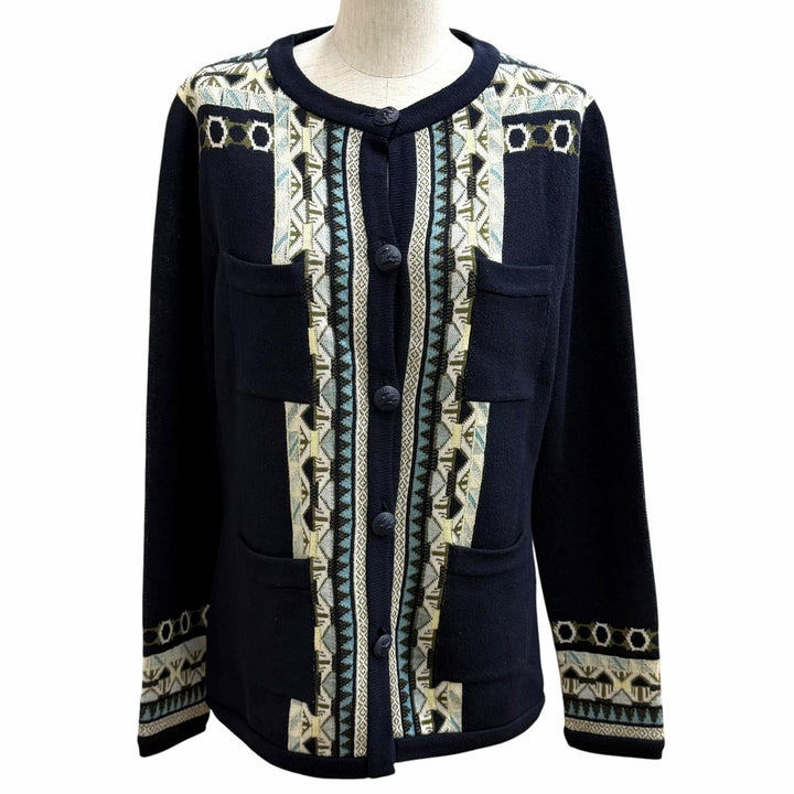 Pristine ETRO cardigan Logo Button Crew Neck Navy silk Women 44