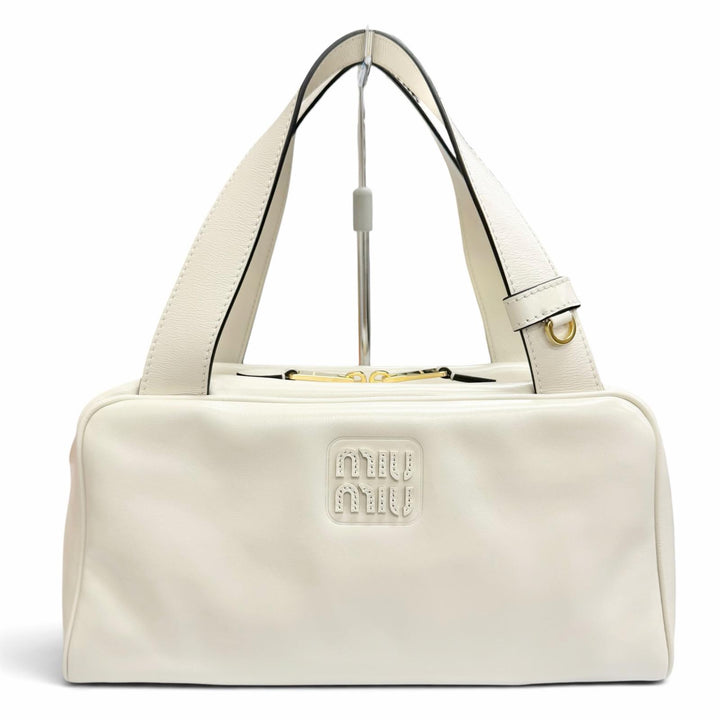 Pristine MIUMIU Handbag Logo Shine Calf Leather Bowling Bag Ivory 5BB182
