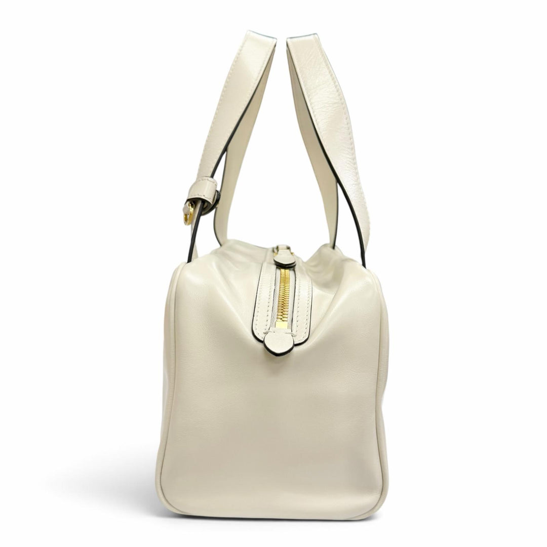 Pristine MIUMIU Handbag Logo Shine Calf Leather Bowling Bag Ivory 5BB182