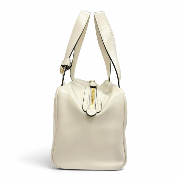 Pristine MIUMIU Handbag Logo Shine Calf Leather Bowling Bag Ivory 5BB182
