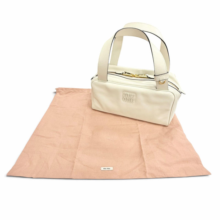 Pristine MIUMIU Handbag Logo Shine Calf Leather Bowling Bag Ivory 5BB182