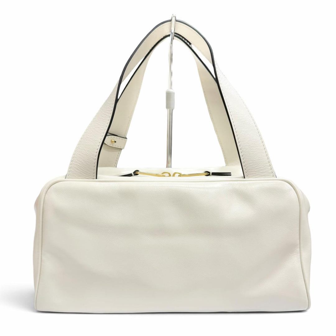 Pristine MIUMIU Handbag Logo Shine Calf Leather Bowling Bag Ivory 5BB182